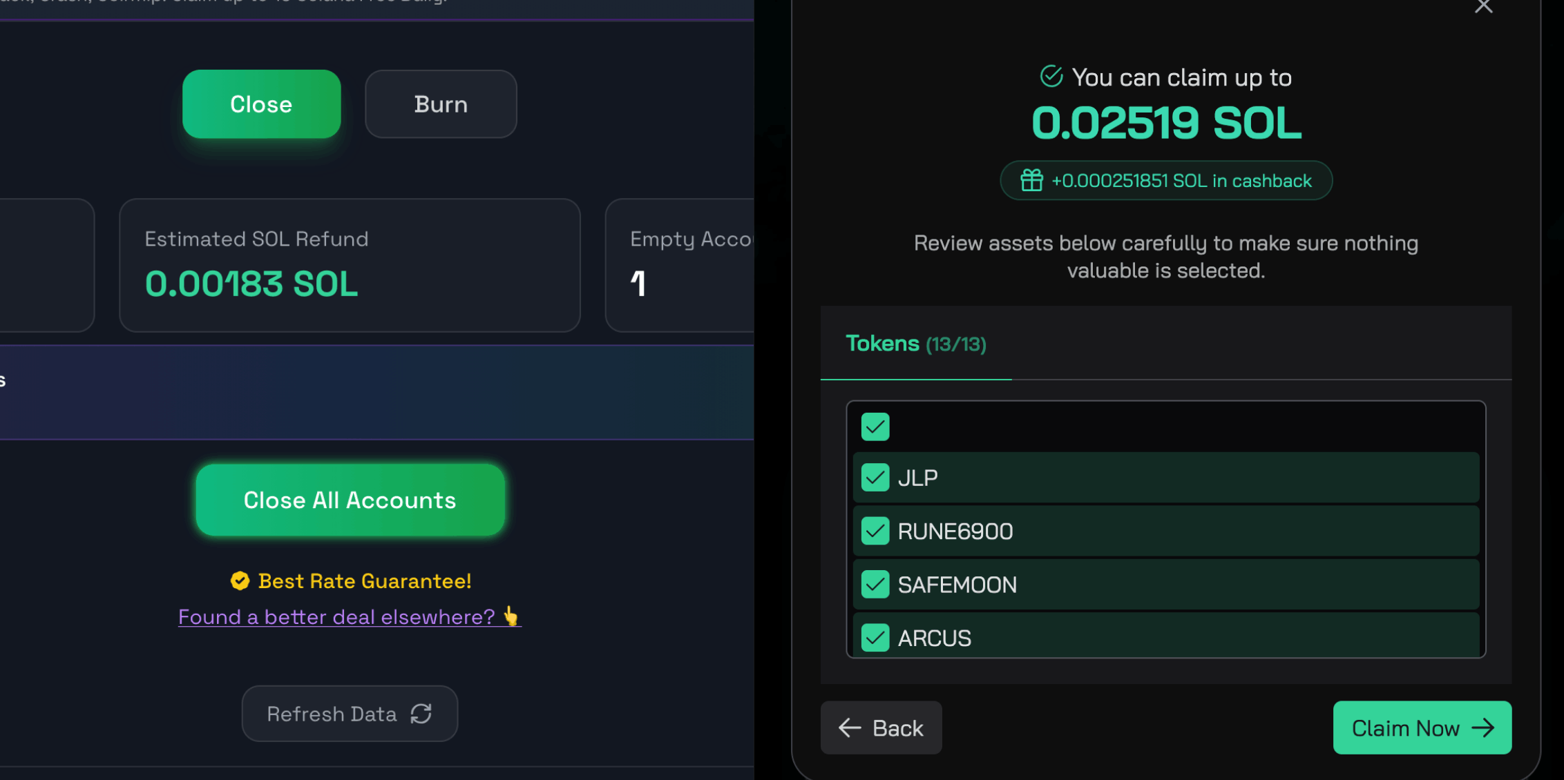 Detailed visual breakdown comparing RefundYourSOL and Unclaimed SOL