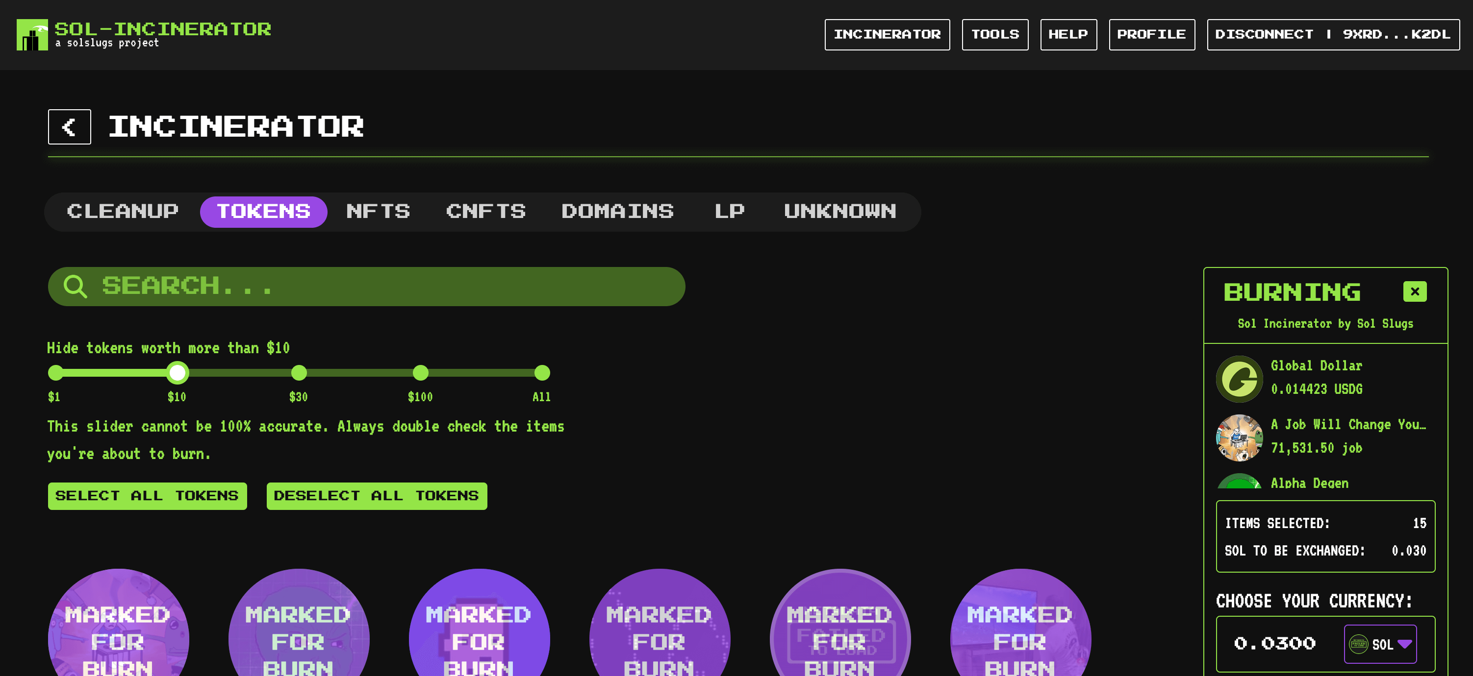 Sol Incinerator scan showing reclaimable SOL amount
